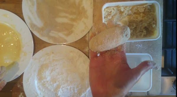 Breading cheese croquettes